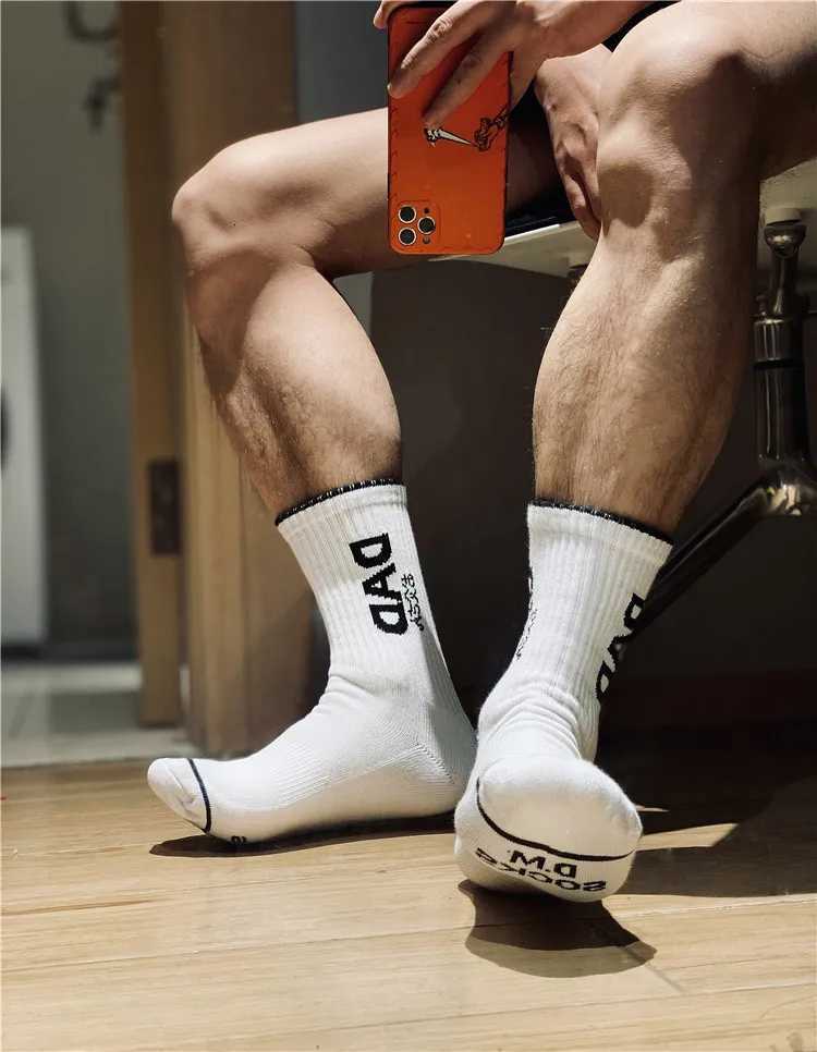 1 Pair Fashion White Unique Design Dad Words Socks Sexy Gay Men Nylon Sports Long Tube Socks Comfortable X250725