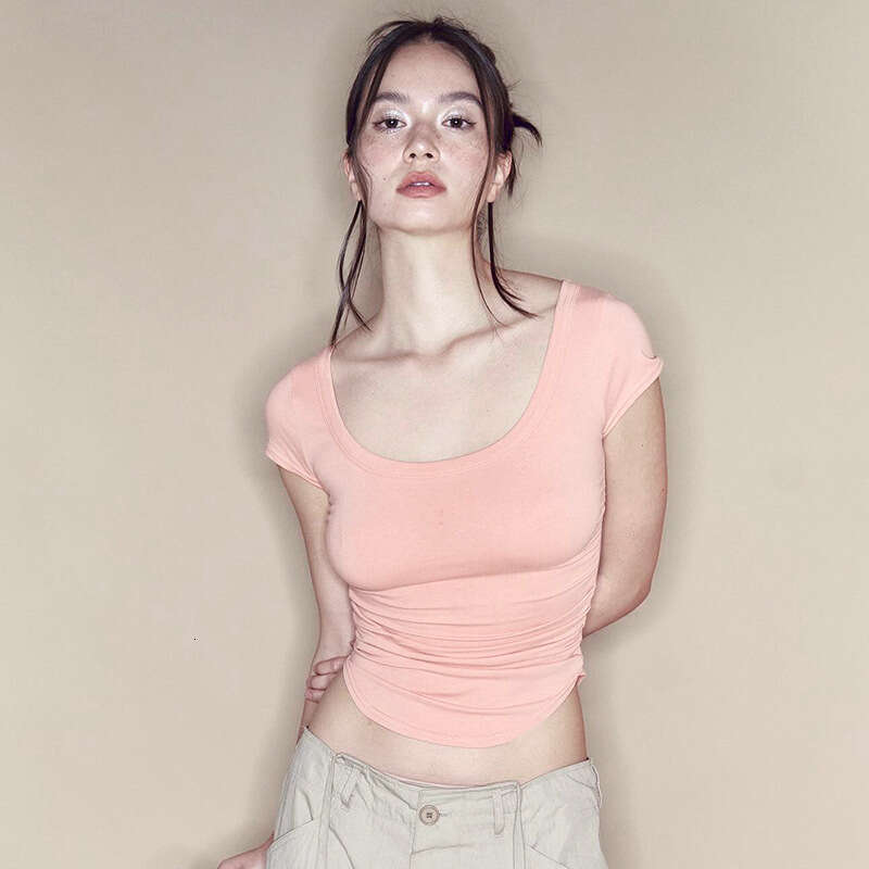 Y24tp293 Women's Summer New Solid Color Round Neck Sexy Slim Fit Ruched Short Sleeve Top B5
