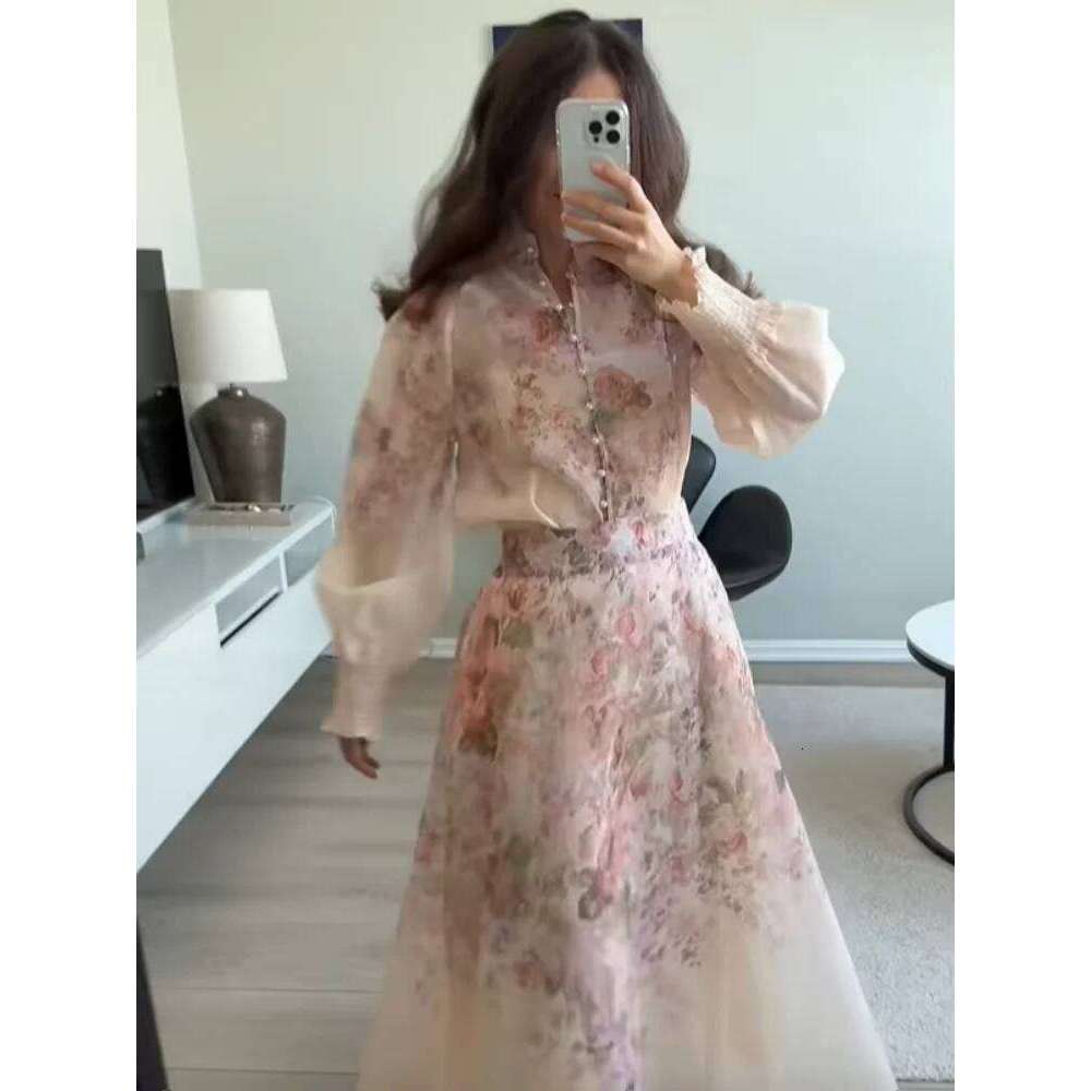 Chiffon Flower Printed Skirt Set Women Elegant Casual Button Shirt High Waist A-Line Long Skirts Suit 2025 Summer Holiday Outfit