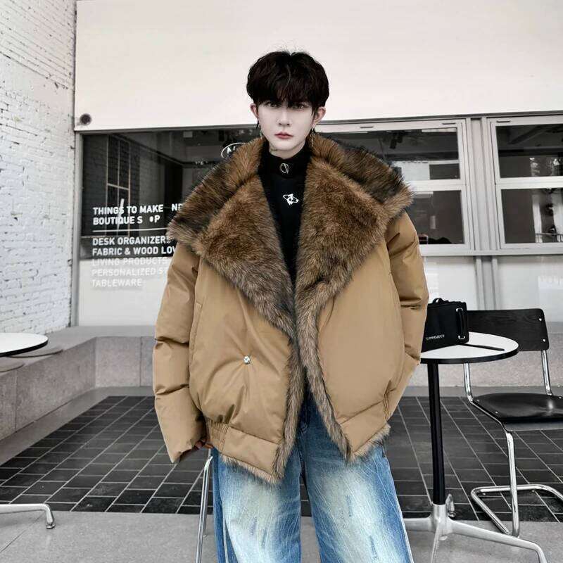 2025 Winter Clothing Male Chic Big Collar High-End Padded Cotton Jacket Faux Fur Trendy Thickened Loose Jackets