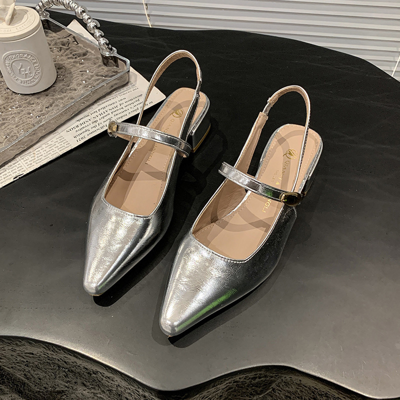 Ddmysports French Style Closed Toe For Women New Summer Square Mid High Heel Silver Mary Jane Sandals Outdoor Shoes