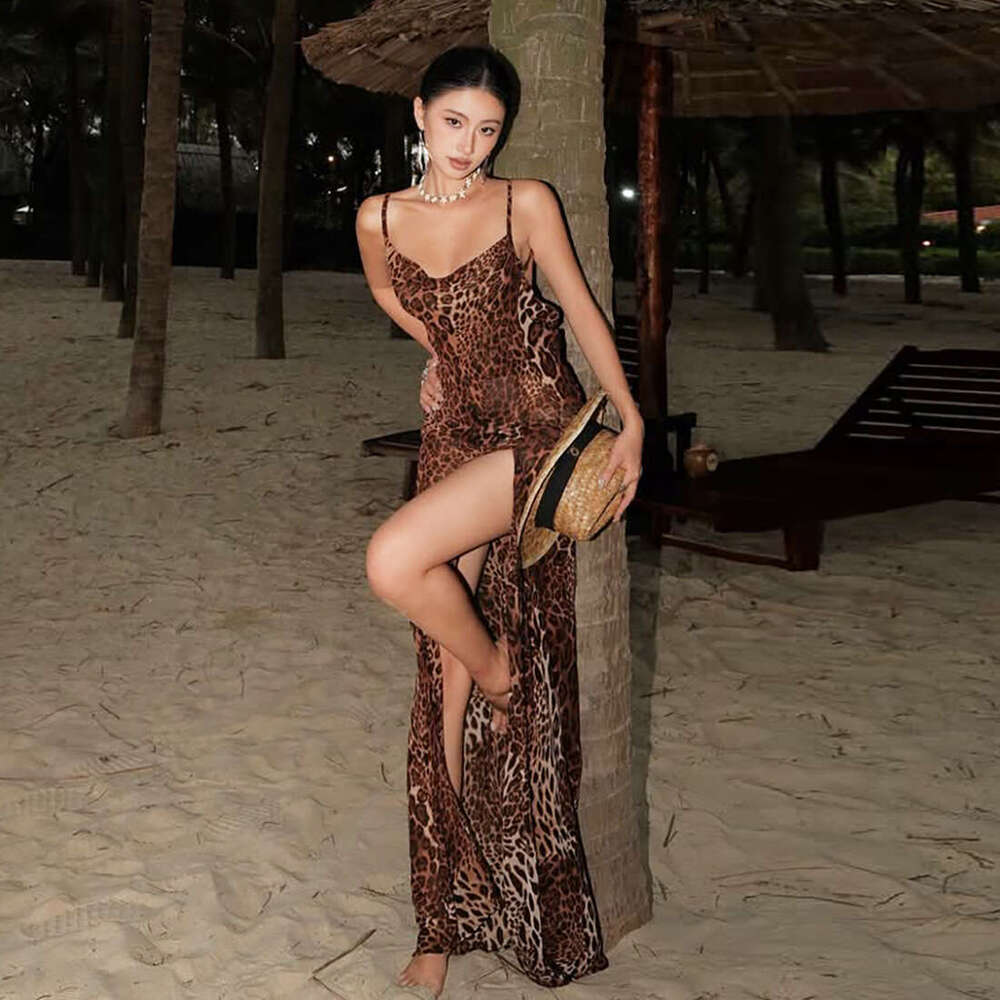2025 Summer New Fashion Trend Leopard Print Backless Slit Sexy Pure Desire Strap Dress for Women e80