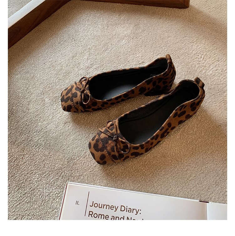 Designer Single with Bowknot 2025 Autumn New Leopard Print Low Work Comfortable Chunky Heel Soft Sole Women's Shoes