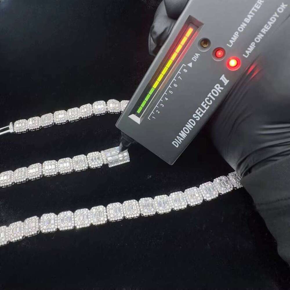 100% Passes the test for the designer necklace's high quality10mm/12mm Sier Hiphop Rock-Candy Necklace with Square Tennis Moissanite Chain