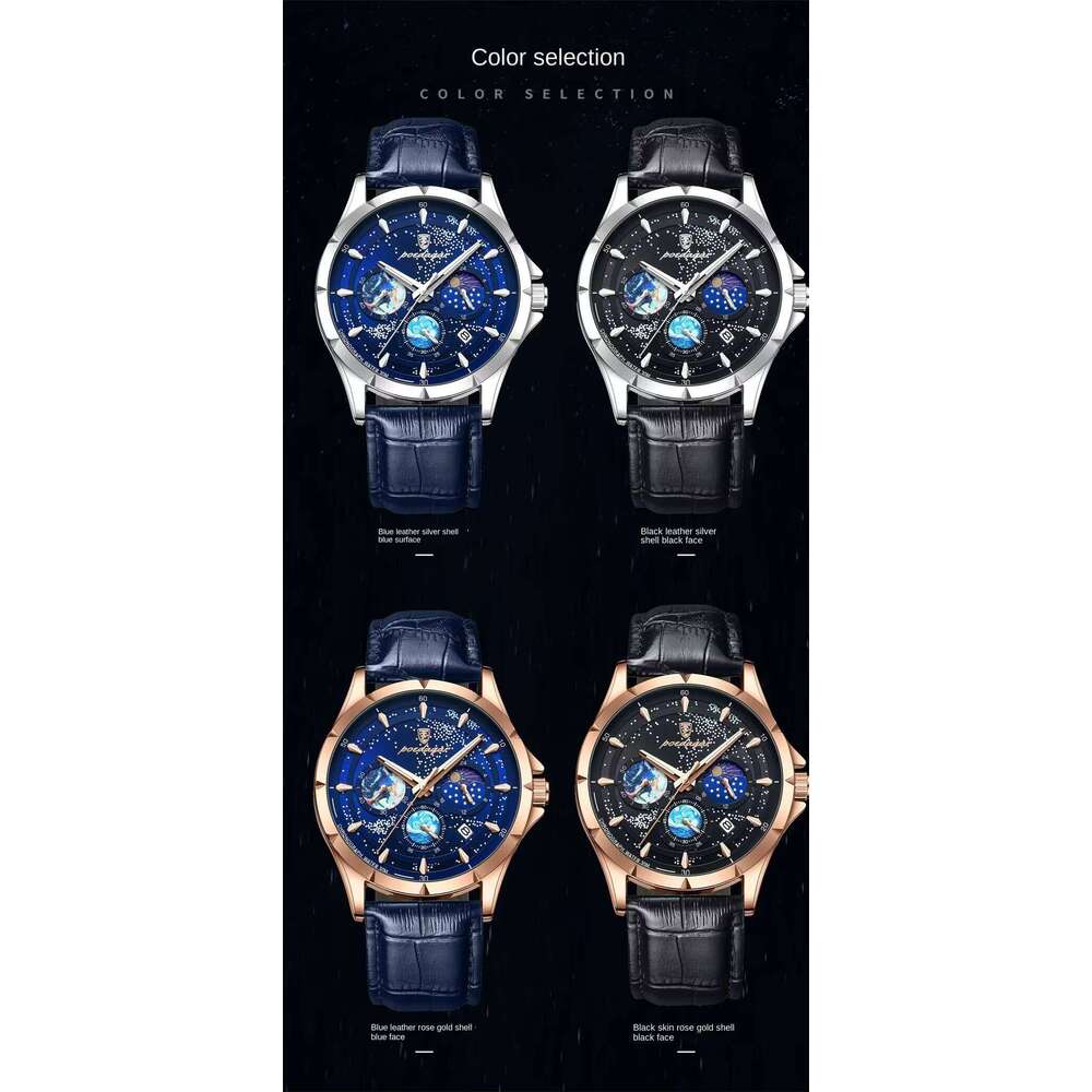 DHwatches POEDAGAR Leather Strap Business Style Starry Sky Chronograph Quartz Watch Men Waterproof Luminous Date Men's Wristwatches