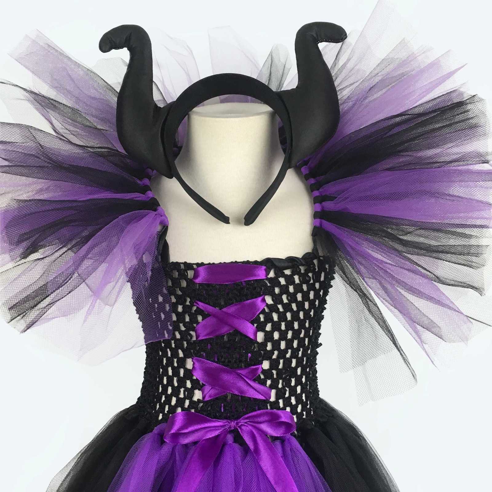 Girls Evil Queen Maleficent Witch Tutu Dress Kids Crochet Dress Ball Gown with Hairbow Children Halloween Par Costume Dresses Z250725