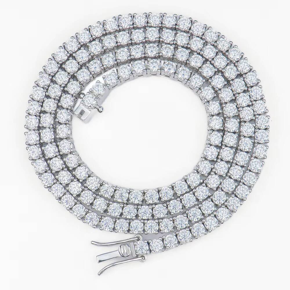 White Gold Silver Iced Out Moissanite Diamond Tennis Chain Necklace for Men Women 3mm Round Cut Moissanite 16/18/20/22/24inch