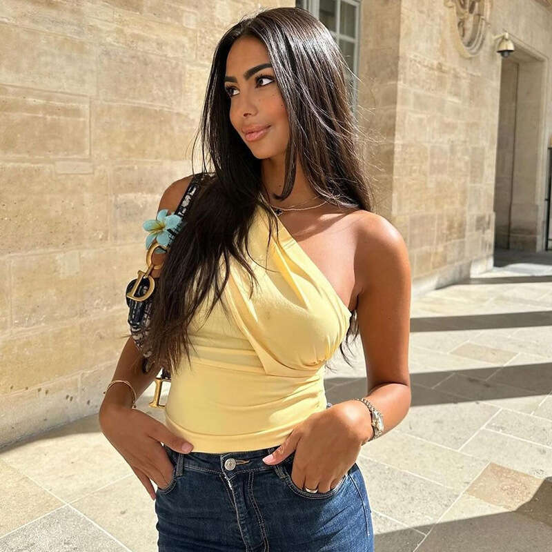 M24tp161 Women's Summer INS New Solid Color Sleeveless One-Shoulder Crop Slim Sexy Small Top For Women B5