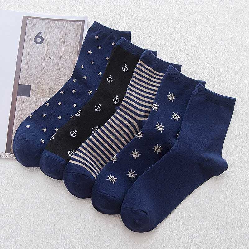 5 Pairs Men Socks Navy Colors Spring Autumn Solid Stripe Anchor Star Rudder Cotton Socks Business Casual Sport Socks Dropship X250725