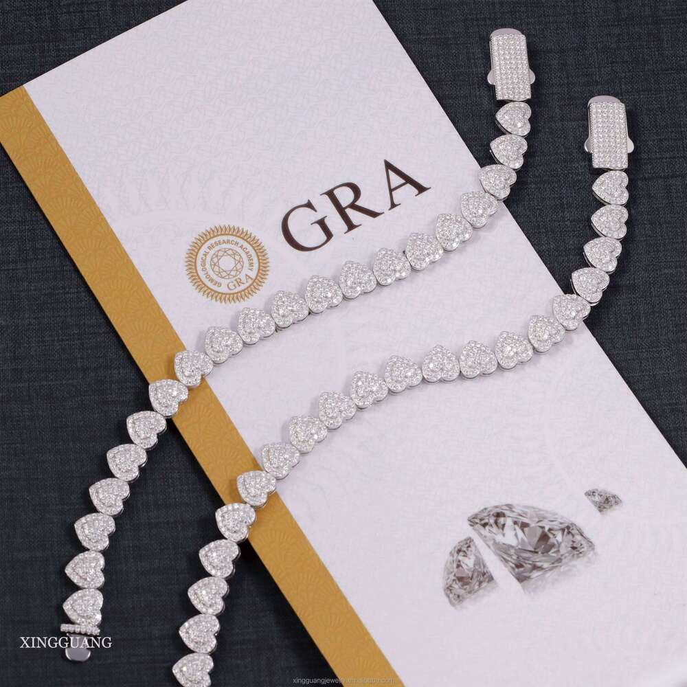 Spring Clasp 10MM Wide Heart Real Gold Plated Sier Pass Dia Test VVS Moissanite Cuban Link Chain Women Bracelet