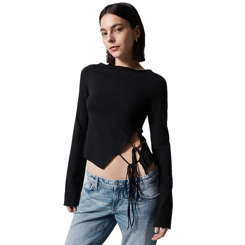 Ytp222 Women's Summer New Pullover Ruffled Solid Color Side Tie T-Shirt Top B5