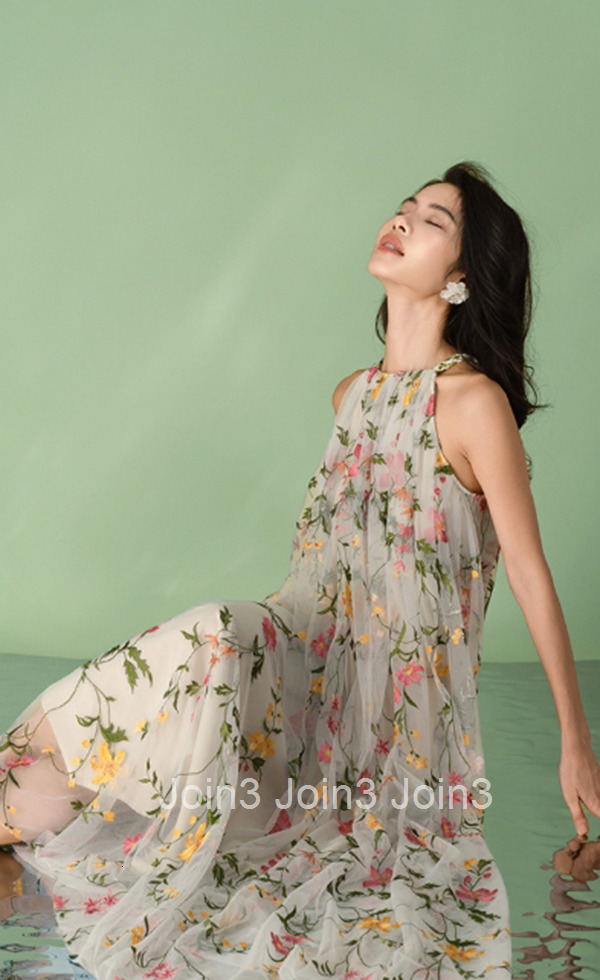 Vacation Style 2025 Summer New Floral Fairy Dress Fashion Embroidered Mesh Strap Dress 6577
