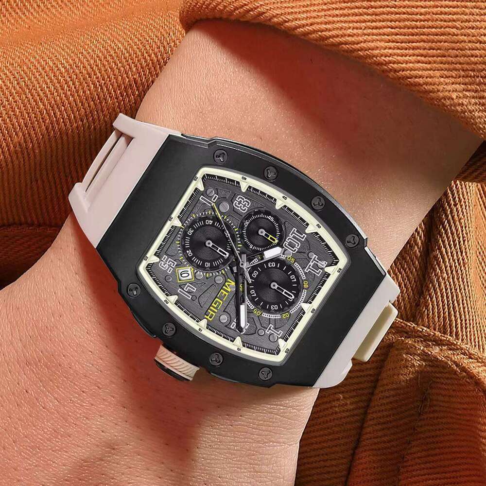 DHgargets MEGIR Men's Tonneau Watch - Chronograph, Luminous, 30M Waterproof, Stainless Steel, Silicone Strap