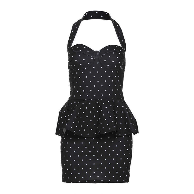 Women's Fashion 2024 Autumn Winter New Fashionable Sexy Halter Neck Waist-Cinching Polka Dot Dress 64c
