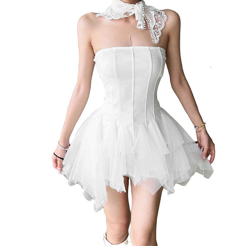 2025 Summer New Solid Color Elegant Sexy Irregular Hem Strapless Sleeveless Backless Dress fde