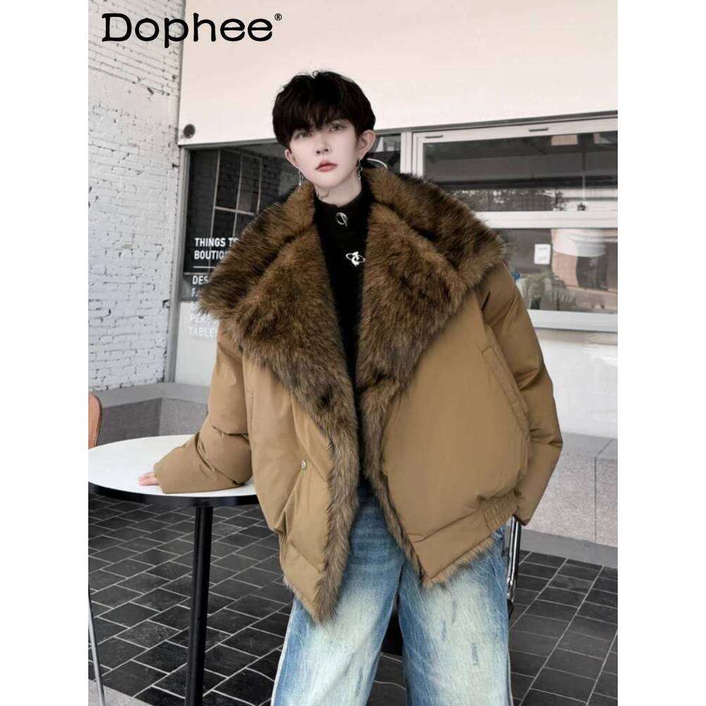 2025 Winter Clothing Male Chic Big Collar High-End Padded Cotton Jacket Faux Fur Trendy Thickened Loose Jackets