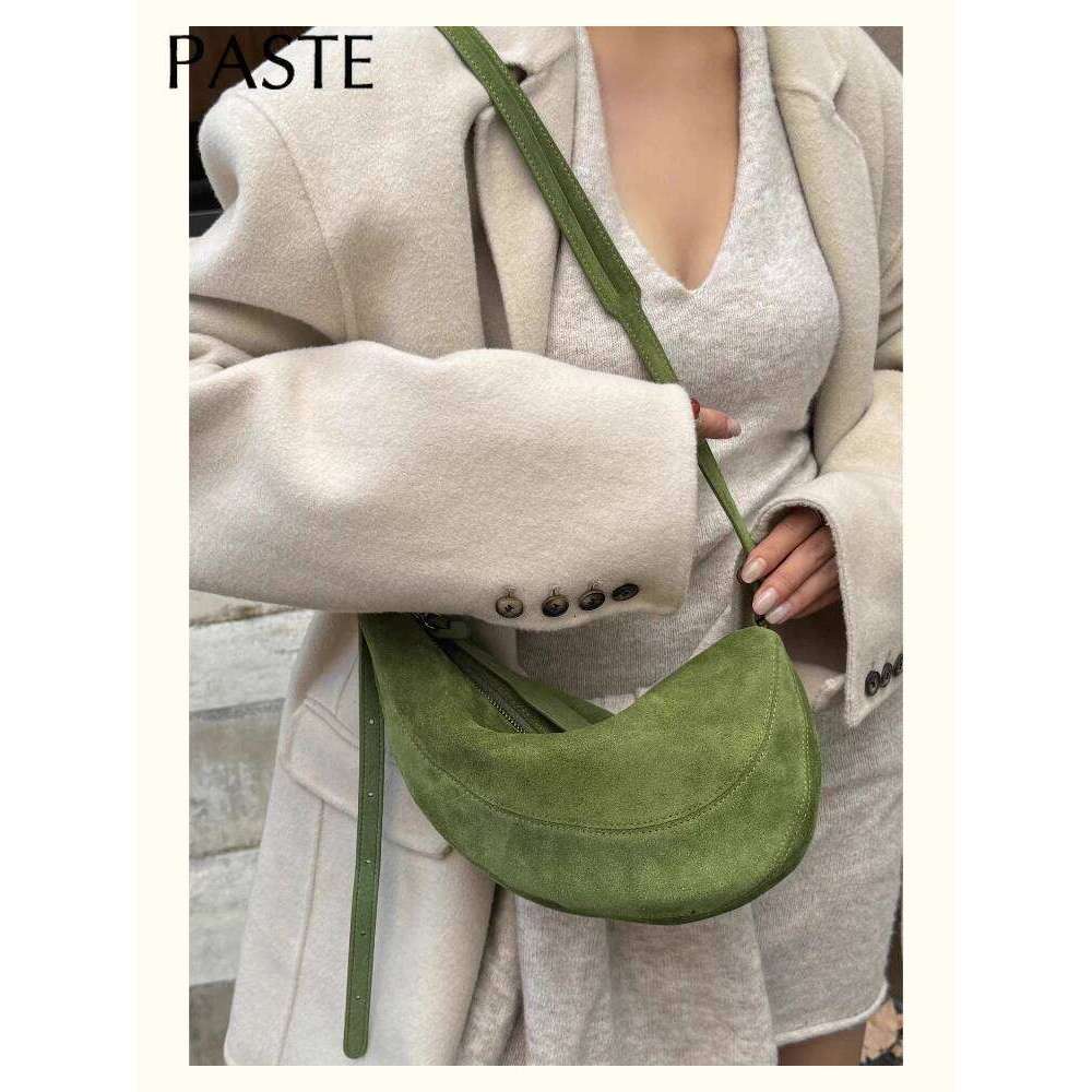 Strict Selection Autumn Crescent Saddle Soft Green Red Matte Suede Cow Leather Women Crossbody Bag High-end Daily-use Purse