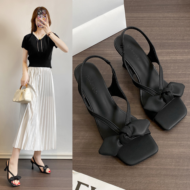 Ddmysports New Summer French Style Square Toe Bowknot For Women Outdoor Wear Internet Celebrity Stunning Thin Heel One Strap Sandals Outdoor Shoes