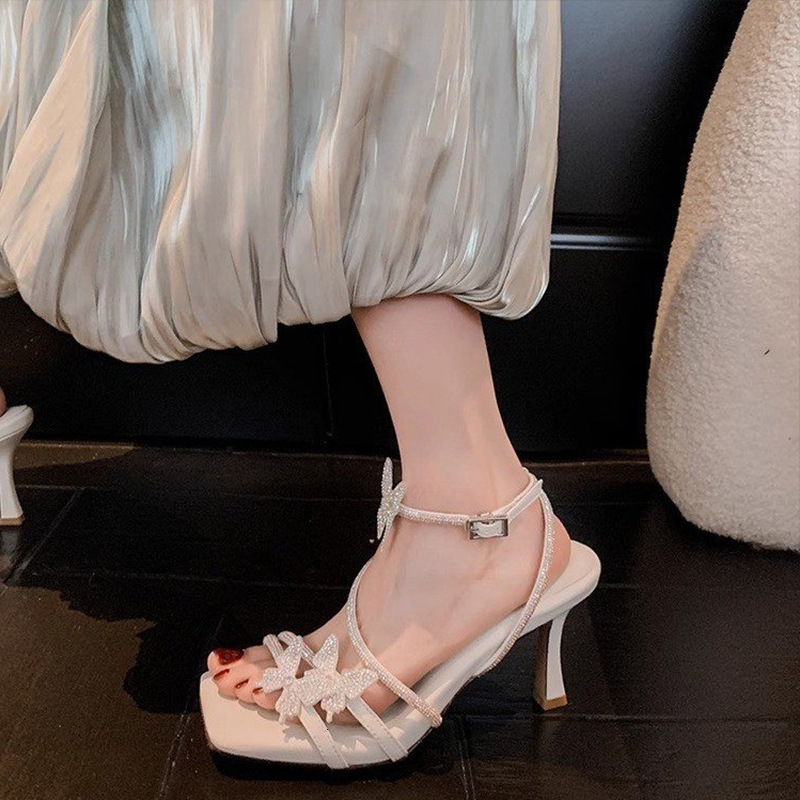 Ddmysports French Rhinestone One Strap Fairy Style Sandals For Women New Summer Bowknot Dress Matching Thin Heel High Heels Outdoor Shoes