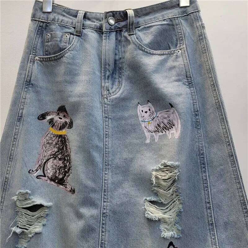 Women's Denim Skirts Cat Dog Printed Broken Holes Split A-Line High Waist Long Skirt Summer 2025 New Fashion 29A1481