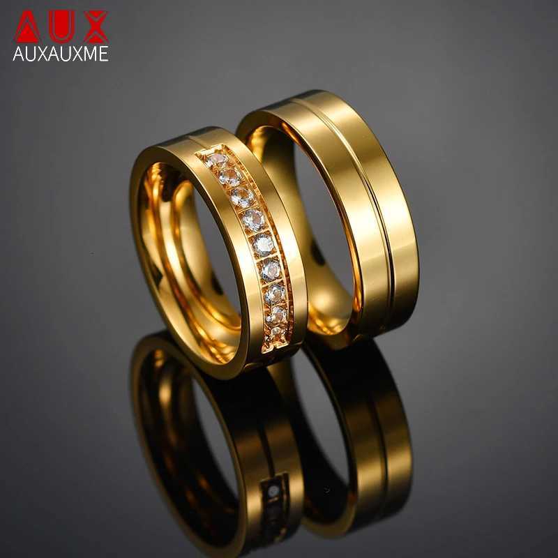 Auxauxme Romantic Titanium Steel Couple Ring Lover Cubic Zircon Engagement Jewelry 6MM Wedding Ring Men 6-12 W250417