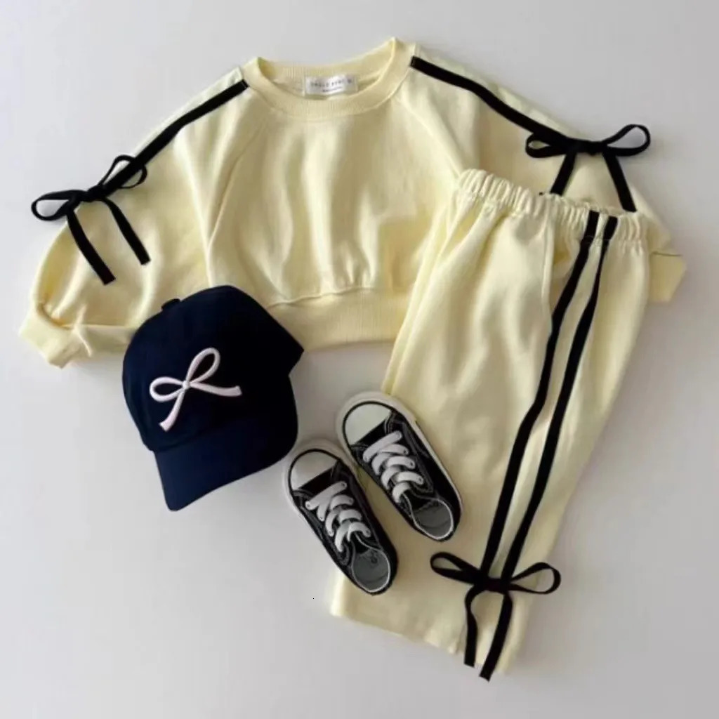 2441 Korean Style Long Sleeve Pants Set Spring Autumn Sports Baby Girl Butterfly Knot Splice Sweatshirt TwoPiece Set 250725