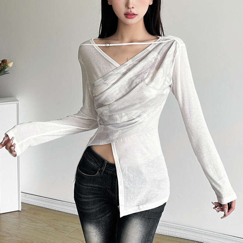 2024 Autumn New Women's Solid Color Slim Street Fashion V-Neck Long Sleeve Printed Top a19