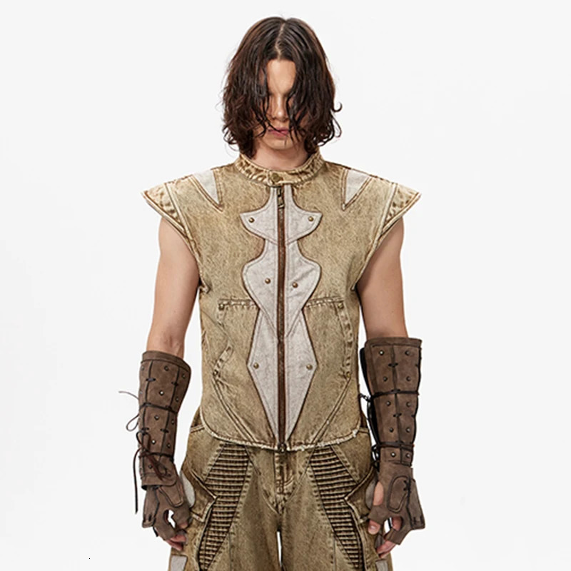 FEWQ PU Leather Splicing Sleevless Male Denim Vest Contrast Color Stand Collar Washing Summer Loose Mens Coats Niche 24K4262 250725