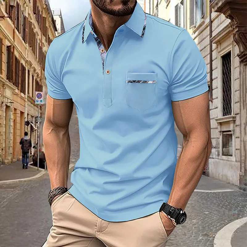 Summer New Mens Short Sleeve Polo Shirt Half Zipper Color Block Pocket Polo Shirt Fashion Casual Polo Collar ShirtXJ250725