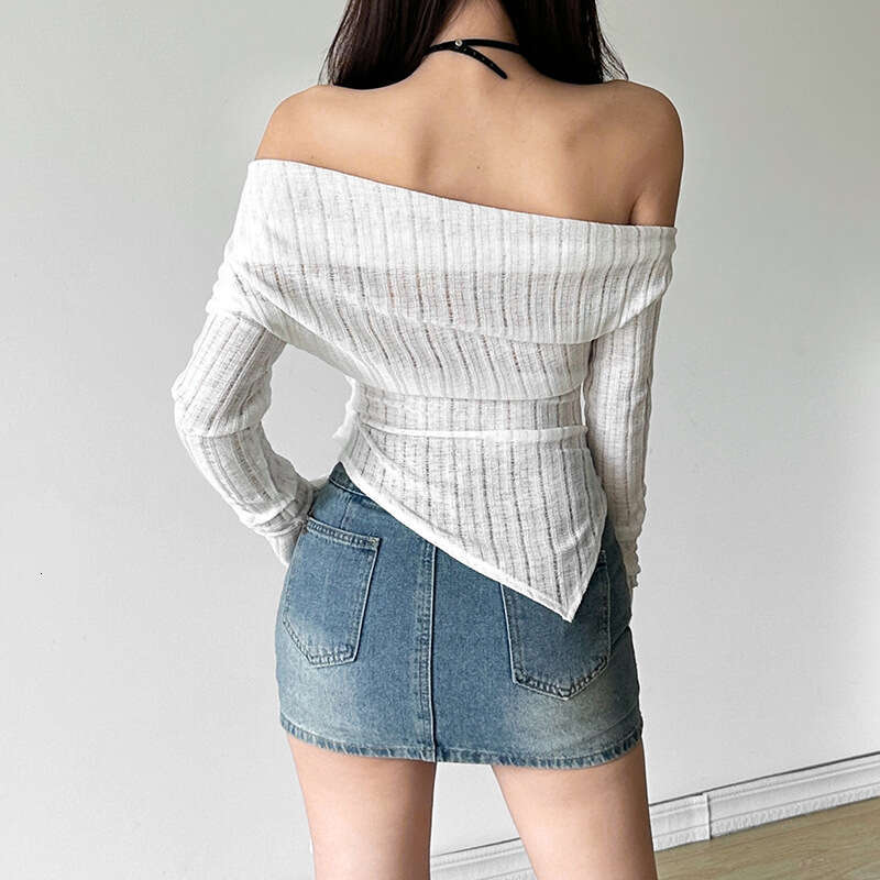 2024 Autumn New Women's Solid Color Slim Fit Street Fashion Off-Shoulder Long Sleeve Backless Top f44