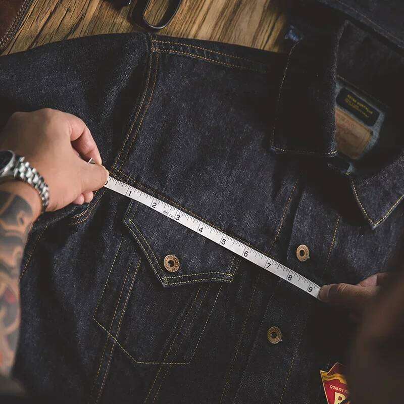 Maden Classic 14.8Oz Type III For Men Slim-Fit Denim Jacket Exposed Seam Patch Pocket Design Vintage Washed Dark Blue