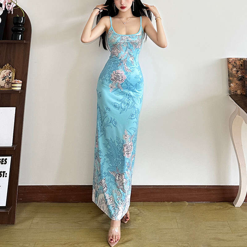 2025 Spring New Women's Solid Color Slim High Waist Fashion Strap Sleeveless Printed Dress 765