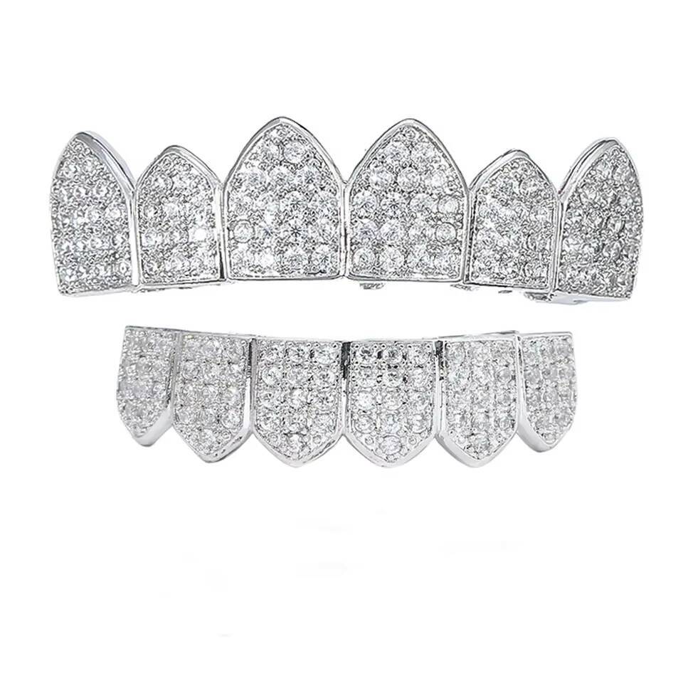 Wholesale High Quality 6 Teeth Top Bottom Micro Inset Zircon Hip Hop Grillz 925 Sterling Silver Moissanite Grillz Body Jewelry