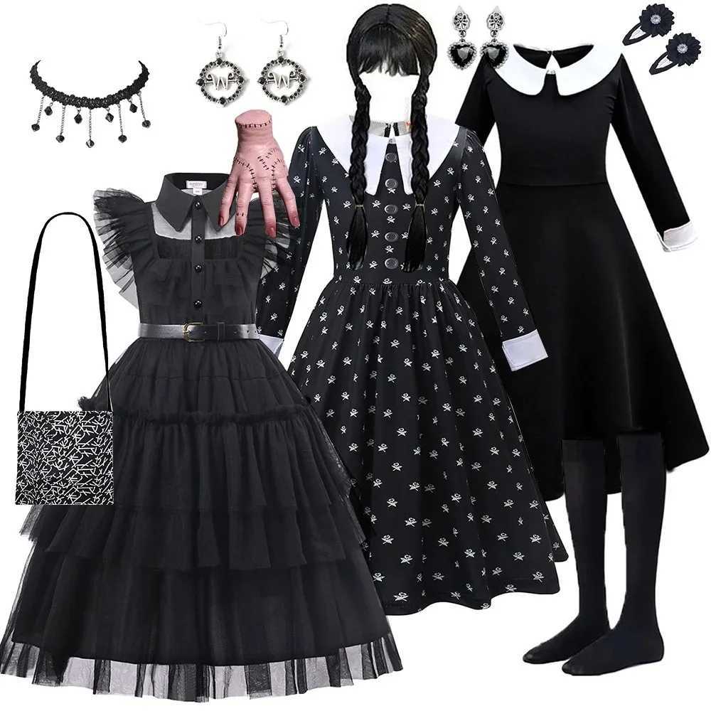 Black Mesh Fluffy Dress for Kids Girls Gothic Sle Wednesdy Costume Halloween Dress Up Par Children Outfits Disguise Printing Z250725