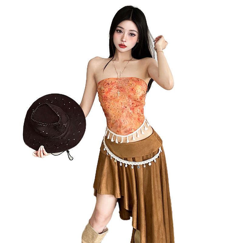 2025 Summer New Printed Slim Fit Tube Top Versatile Small Strap Irregular Slimming Midi Skirt for Women fa5