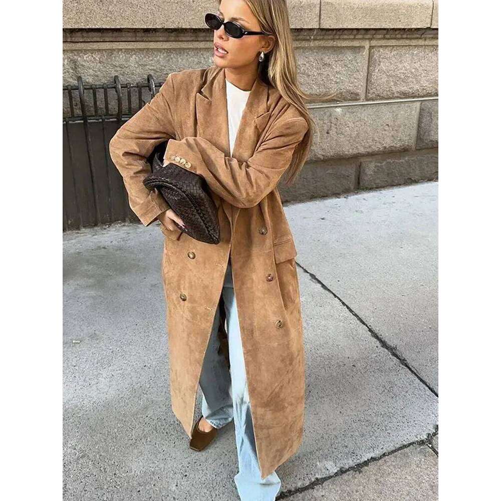 Designer Clothing Woman Khaki Lapel Long Coats Fashion Double Breasted Full Sleeve Jacket With Pocket 2024 Autumn Lady Commute Windbreaket Fashion