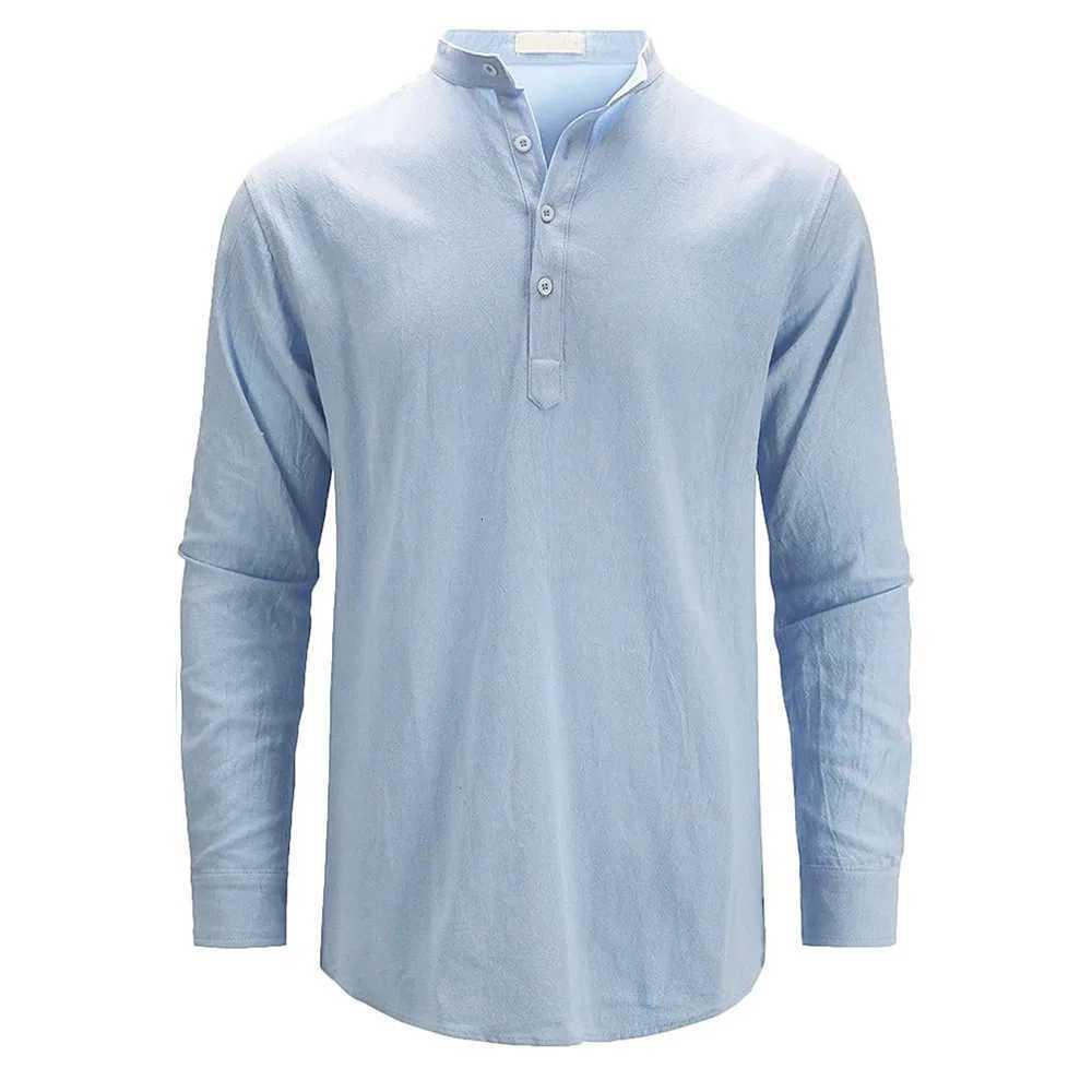 Spring Summer Mens Cotton Linen Polo Shirts Casual Long Sleeve Lightweight Henley Neck Solid Color Tops Hawaiian Beach Shirts XJ250725