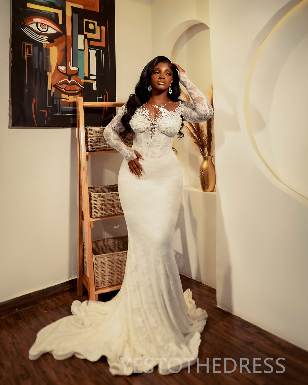 2025 Plus Size Wedding Dresses Bridal Gowns Mermaid Illusion Sheer Neck Long Sleeves Beaded Lace Tiered Tulle Pearls Wedding Gowns for African Black W