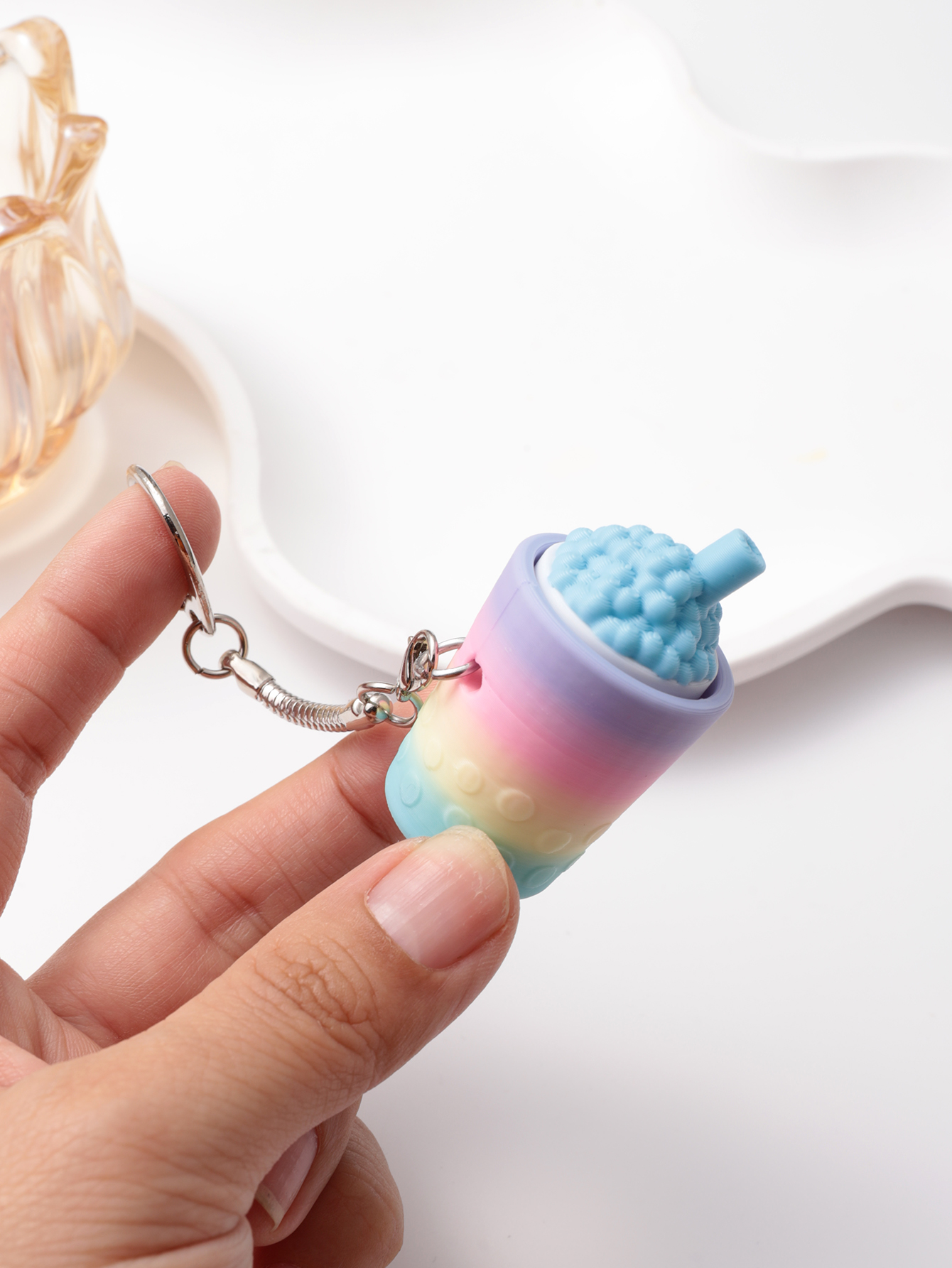 3D printed milk tea cup-shaped keychain - adult stress relief toy, with a portable anxiety relief gadget featuring a clickable keyboard design