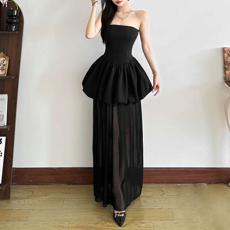 2025 Summer New Sleeveless Backless Tube Top Floral Waist Slimming Puff Long Dress for Women d55