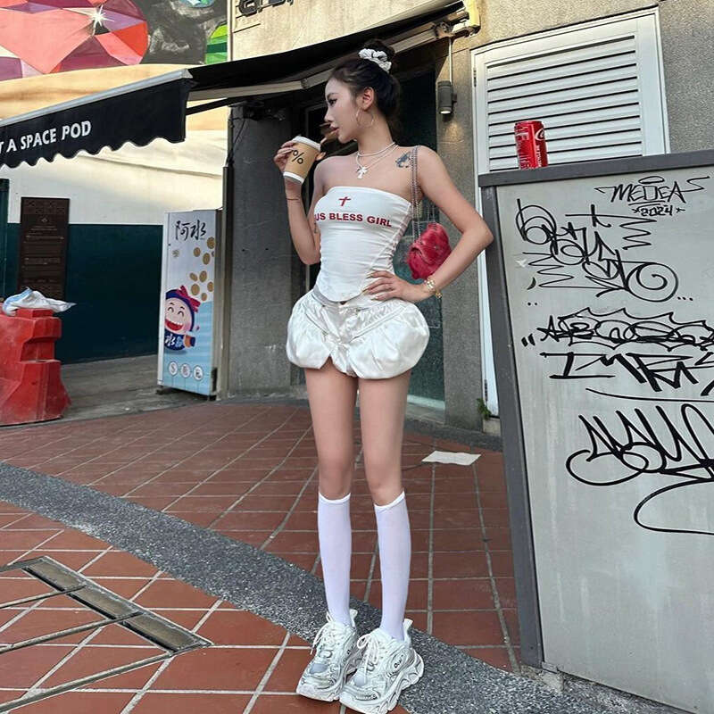 2024 Summer New Fashion Letter Print Tank Top High Waist Solid Color Shorts Set 197