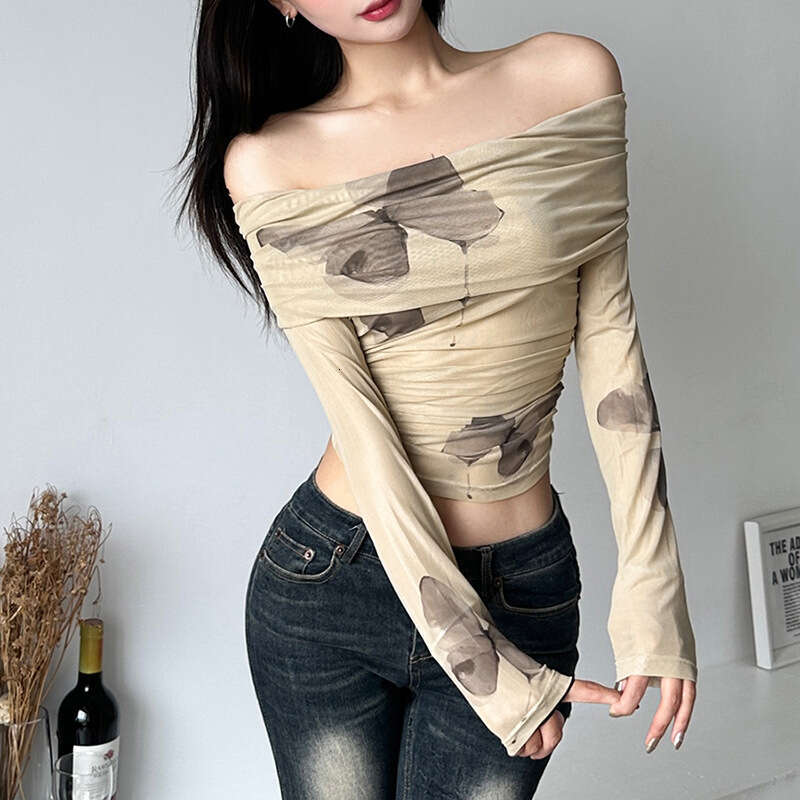 2023 Summer New Women's Solid Color Slim Fit Crop Street Fashion Off-Shoulder Long Sleeve T-Shirt dfe