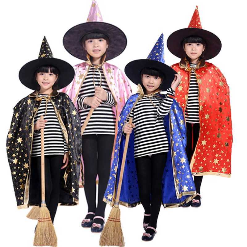 Halloween Costume Satin Cape with Hat for Kids Boys Wizard Girls Witch Cosplay Halloween Par Child Dress Up Ghost Clothes 2021 Z250725