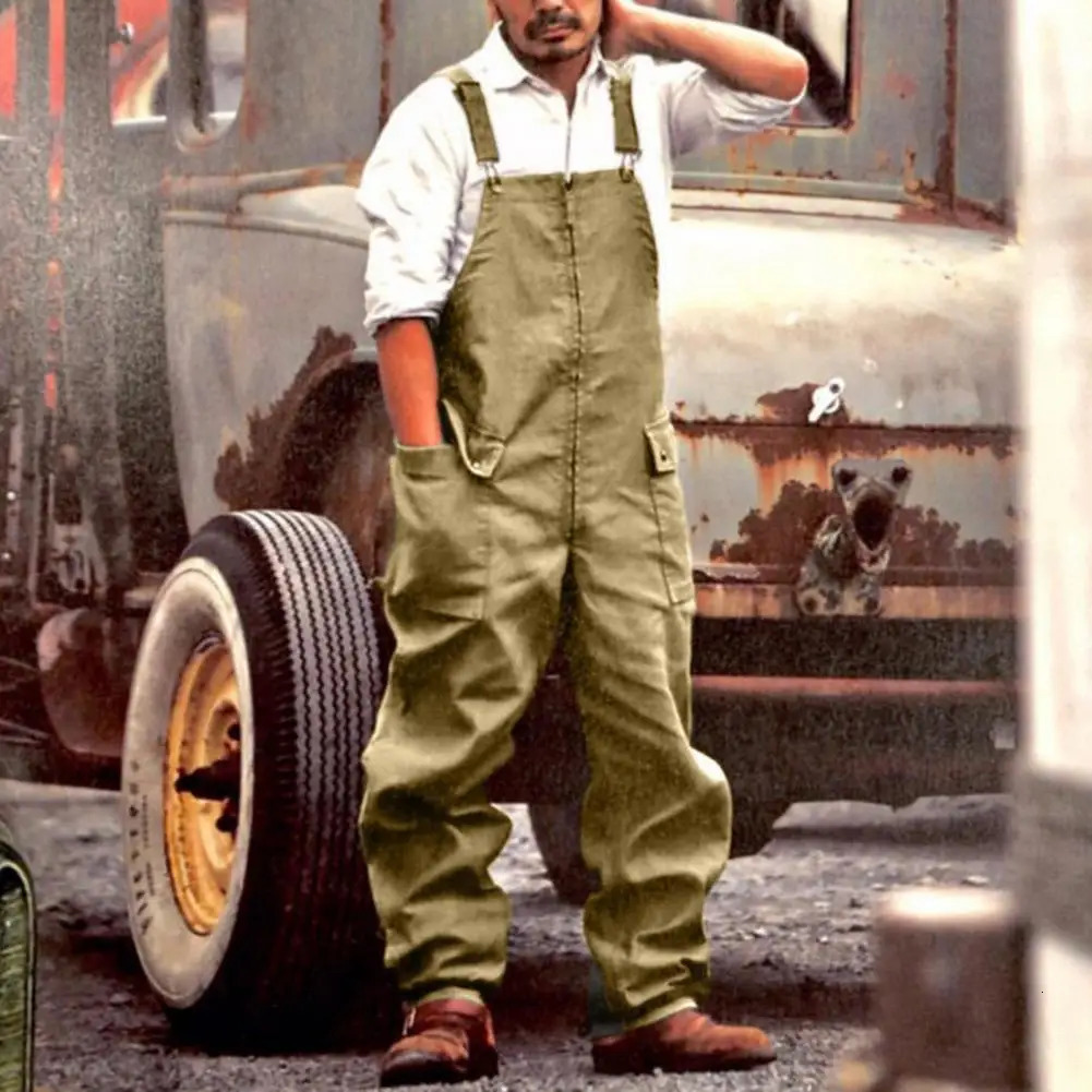 Men Denim Jumpsuit Casual Large Pockets Loose Overalls For Male Retro Loosefitting Cargo Mens Clothing 250725