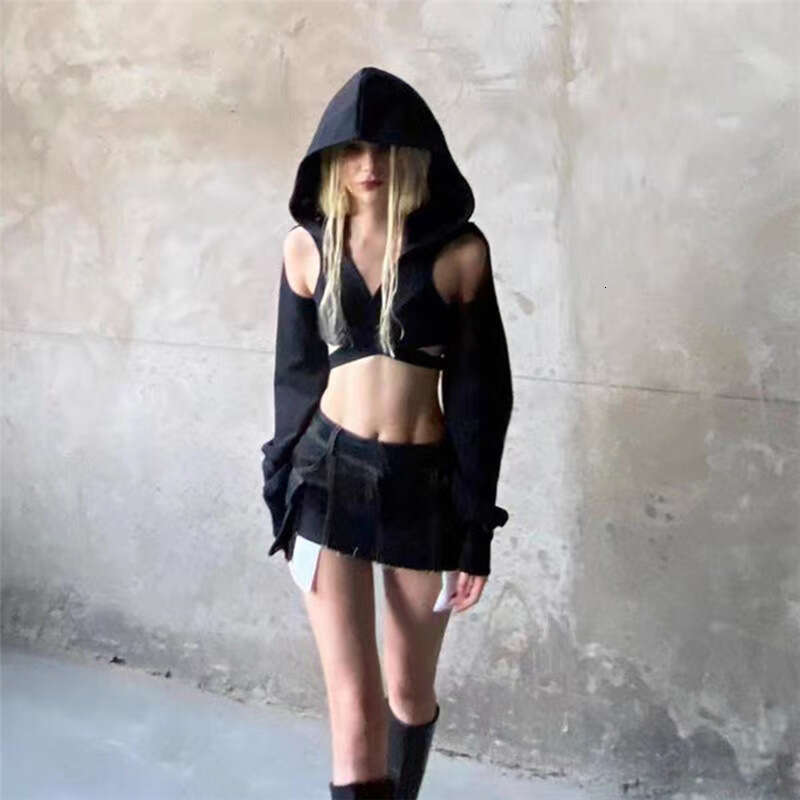 2023 Summer New Women's Fashion Solid Color Slim Fit Crop Top Fashionable Hooded Long Sleeve T-Shirt for Women 485