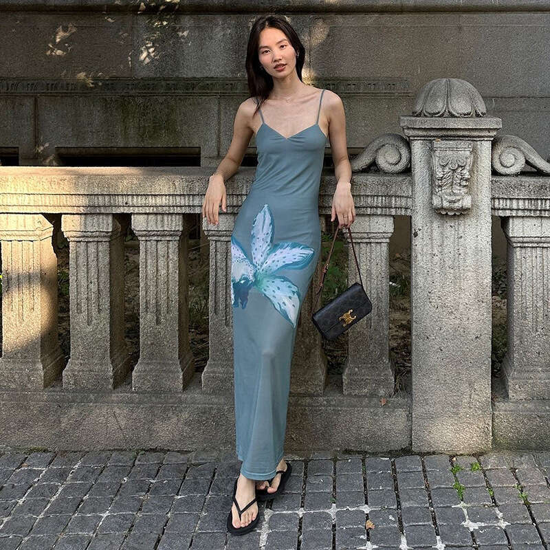 2025 Summer New Elegant Sexy Printed Slim Waist Slimming High-end Strap Dress for Women 0ee
