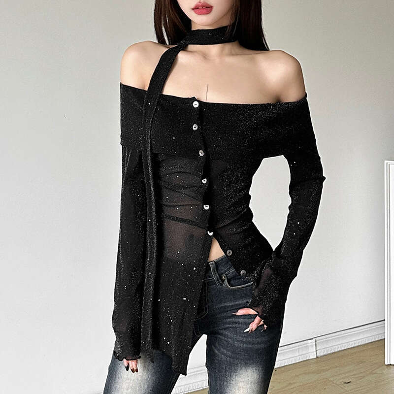 2024 Autumn New Women's Solid Color Slim Street Fashion Off-Shoulder Long Sleeve Backless Top d3b