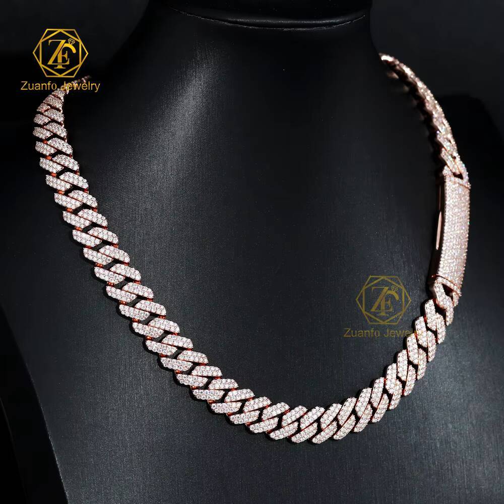 VVS Diamond Moissanite Necklace with Cuban Link Chain 2 Rows Sizes 8mm 10mm 12mm 15mm S925 Silver Bent Buckle Hiphop Jewelry
