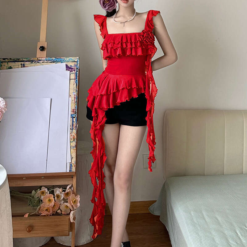 2024 Summer New Women's Solid Color Slim Street Fashion Spaghetti Strap Mesh Backless Tank Top ada