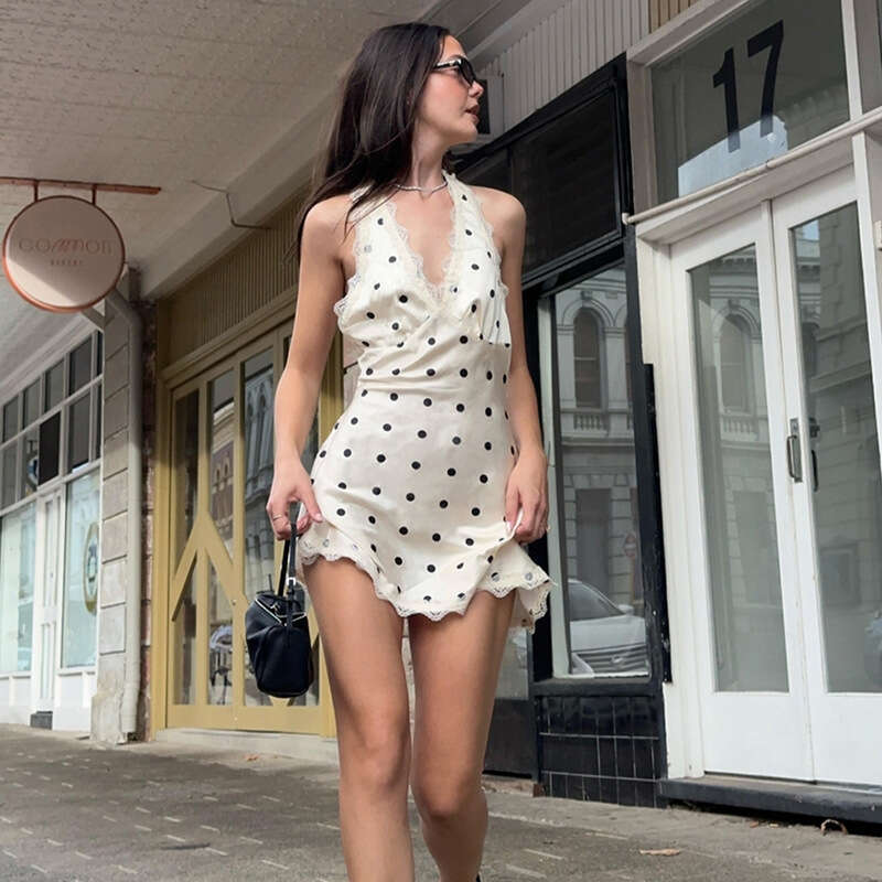 2025 Summer New Fashion Sexy Halter Lace Trim Polka Dot High Waist Dress 03c